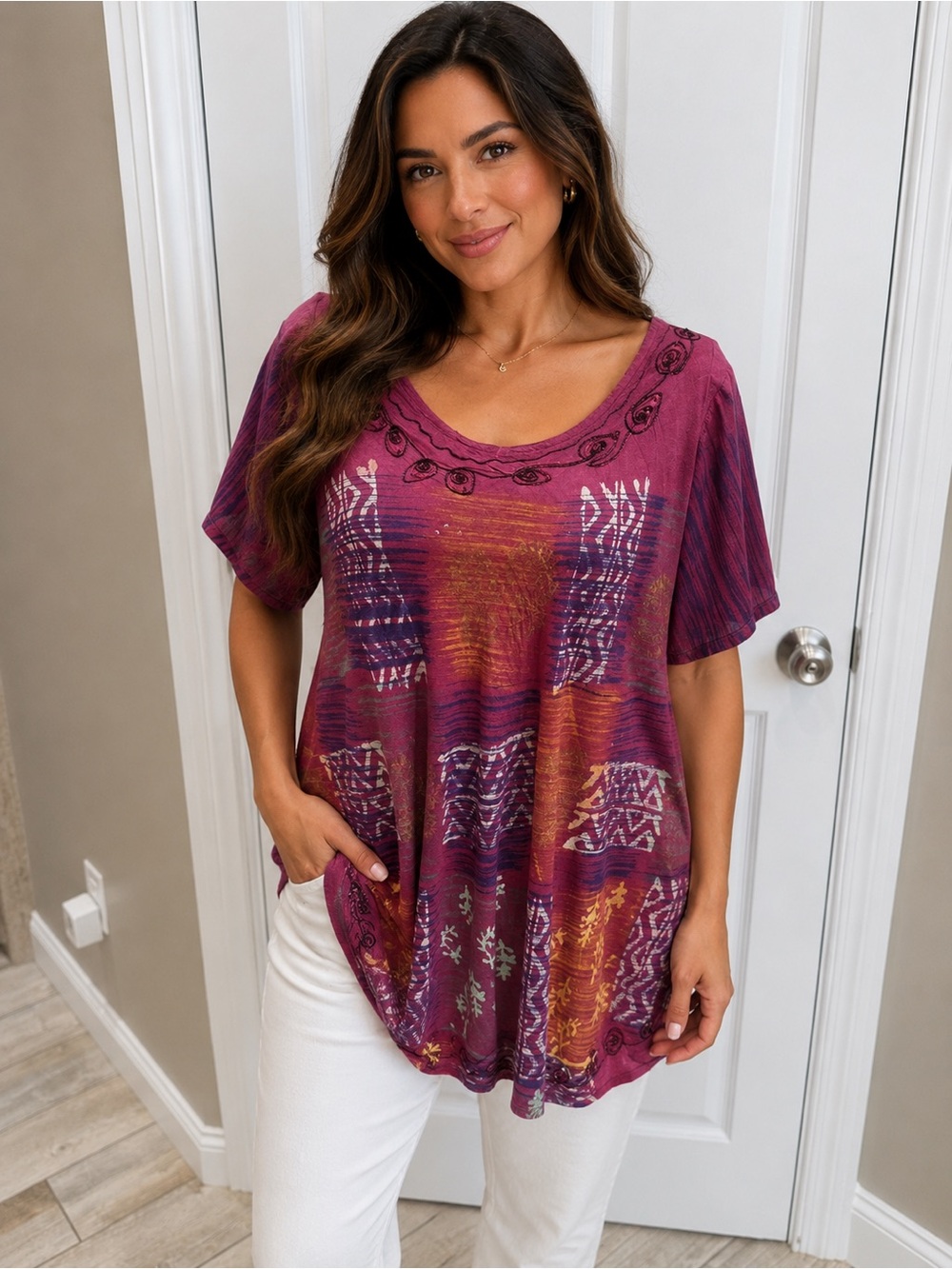 Relaxed Boho Scoop-Neck Midi Dress/Top in Magenta Floral Print